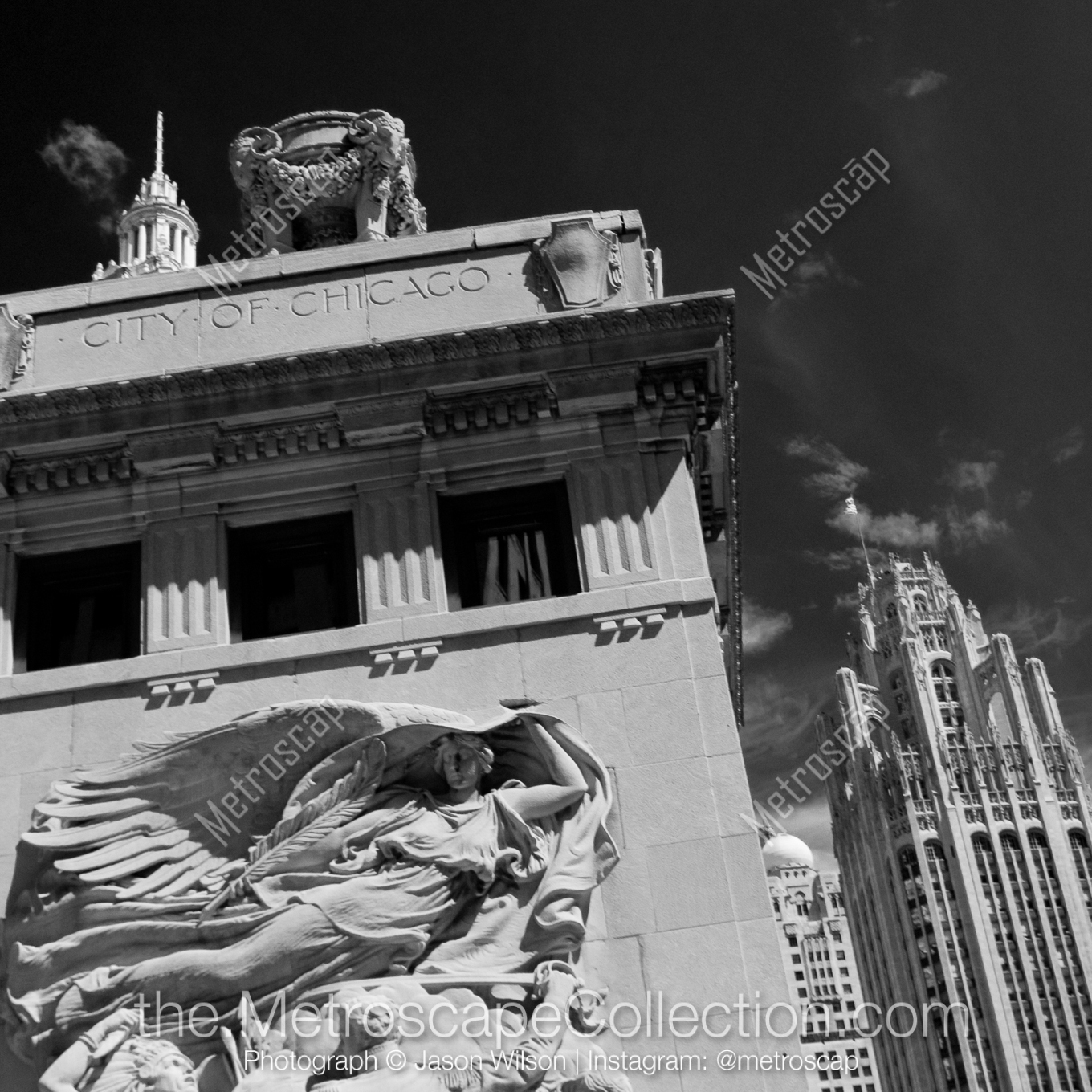 Sculpture in the Michigan Avenue Bridge on the former site of Fort Dearborn skyline black and